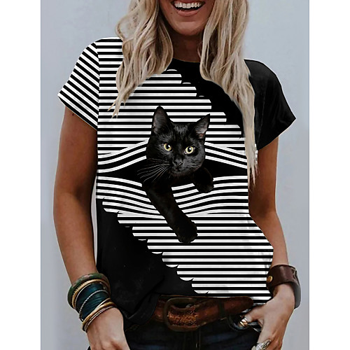 

Women's Halloween 3D Cat T shirt Cat Graphic 3D Print Round Neck Basic Halloween Tops Gray White Black