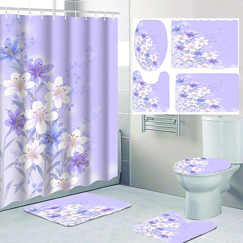

Flower Pattern Bathroom Waterproof Shower Curtain and Cushion Four-piece Modern Polyester New Design