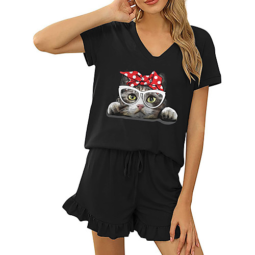 

Women's Basic Streetwear Cat Vacation Casual / Daily Two Piece Set Tracksuit T shirt Loungewear Shorts Drawstring Ruffle Print Tops
