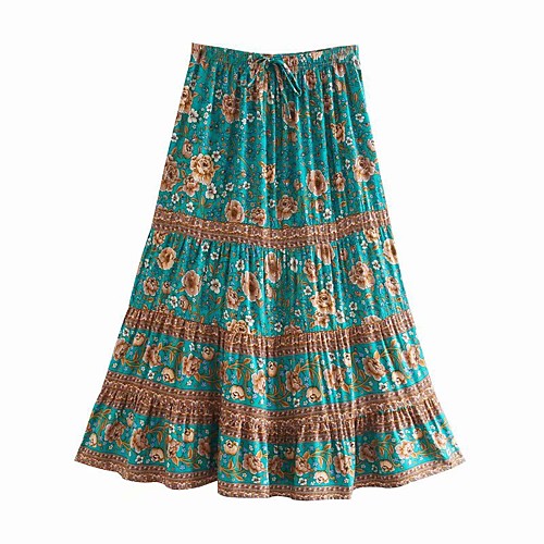 

Women's Holiday Vacation Vintage Boho Skirts Floral Graphic Ruffle Print Blue Green