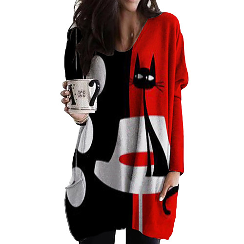 

2021 europe and america amazon fall/winter v-neck cartoon cat two-color digital printing mid-length top