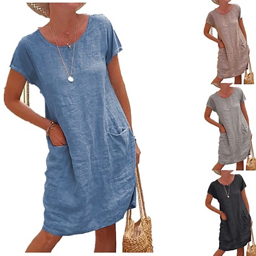 

2020ebay independent station wish hot summer loose solid color pocket short-sleeved round neck cotton and linen dress women's clothing