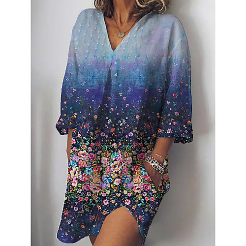 

Women's Shift Dress Short Mini Dress Yellow Navy Blue 3/4 Length Sleeve Floral Print Spring Summer V Neck Vintage 2021 S M L XL XXL 3XL