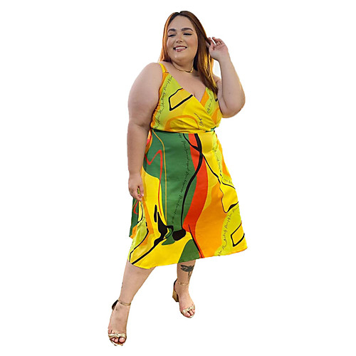 

Women's Plus Size Graphic Print V neck Strap Dress Short Mini Dress