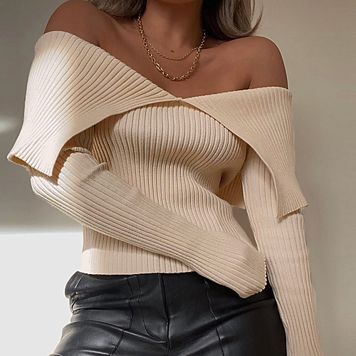 

2021 cross-border amazon new european and american women's solid color pit strip sexy one-neck strapless long-sleeved t-shirt sweater