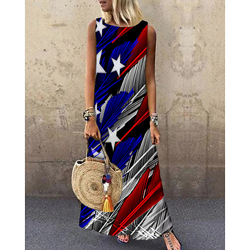 

Women's Shift Dress Maxi long Dress Red Sleeveless Print Flag Print Spring Summer Round Neck Casual 2021 S M L XL XXL 3XL