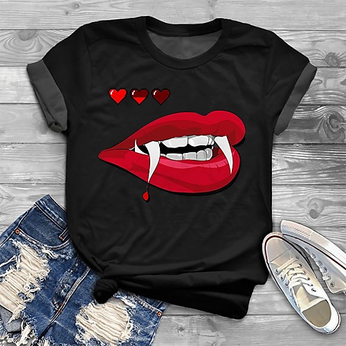 

Women's Plus Size Print Graphic Heart Mouth T shirt Large Size Crewneck Short Sleeve Basic Tops XL XXL 3XL Black Big Size