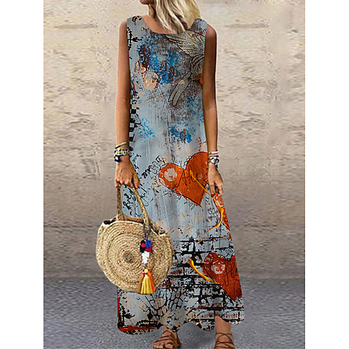 

Women's Shift Dress Maxi long Dress Blue Sleeveless Print Color Block Print Spring Summer Round Neck Casual 2021 S M L XL XXL 3XL