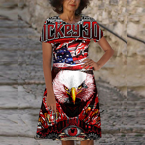 

Women's Shift Dress Knee Length Dress Red Short Sleeve Flag Print Spring Summer Round Neck Casual 2021 S M L XL XXL 3XL