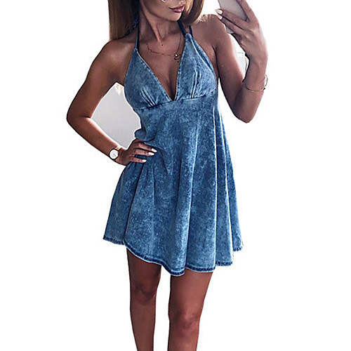 

independent station sexy deep v sling denim dress frosted tie-dye amazon sling skirt european and american women's clothing