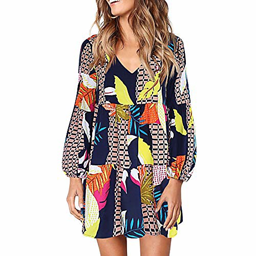 

eayouko women's long sleeve tunic dress v neck printed swing shift dress long tunic dress (blue printing, medium)