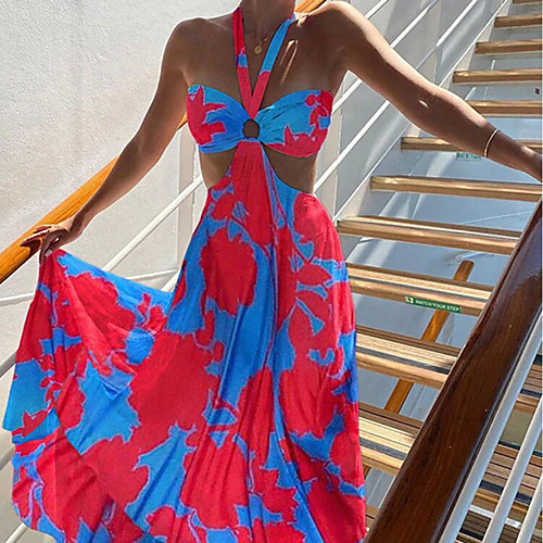 

Women's Strap Dress Maxi long Dress Blue Blushing Pink Sleeveless Tie Dye Backless Zipper Print Spring Summer Halter Neck cold shoulder Sexy 2021 S M L XL