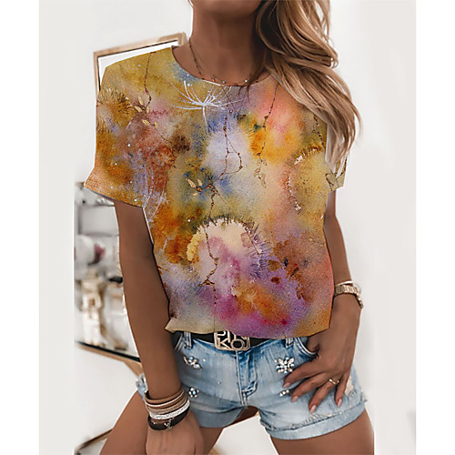 

Women's T shirt Floral Graphic Scenery Print Round Neck Tops Basic Basic Top Black Yellow