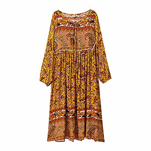 

xintianji long sleeve retro v neck tassel bohemian midi dresses women's floral print summer casual loose boho dress(yellow,large)