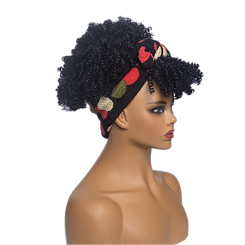 

factory wholesale african black human hair with wig headscarf black short curly wig headgear foreign trade wig