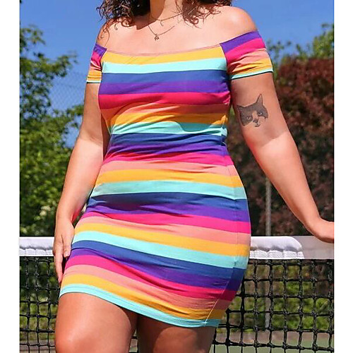 

european and american new amazon independent station hot style street casual sports short-sleeved striped one-shoulder plus size dress