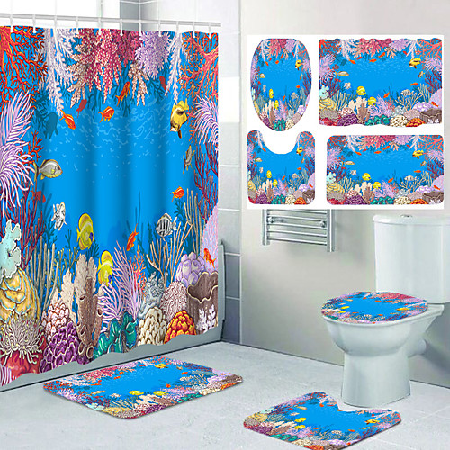 

Ocean Theme Bathroom Waterproof Shower Curtain and Hook Cushion Four-piece Casual Decoration