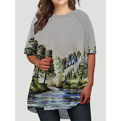 

Women's Plus Size Dresses T Shirt Dress Tee Dress Short Mini Dress Half Sleeve Graphic Scenery Print Basic Fall Gray XL XXL 3XL 4XL 5XL / Holiday