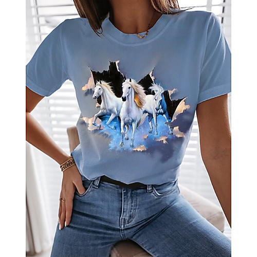 

Women's T shirt 3D Animal Print Round Neck Tops Basic Basic Top Blue