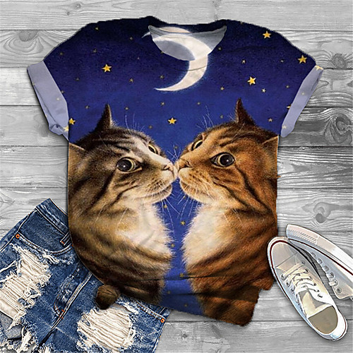 

Women's Plus Size Print Cat Graphic Animal T shirt Large Size Crewneck Short Sleeve Basic Tops XL XXL 3XL Blue Big Size