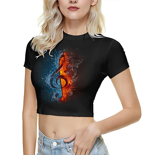 

Women's Crop Tshirt Graphic Print Round Neck Tops Basic Basic Top Black Red Gold