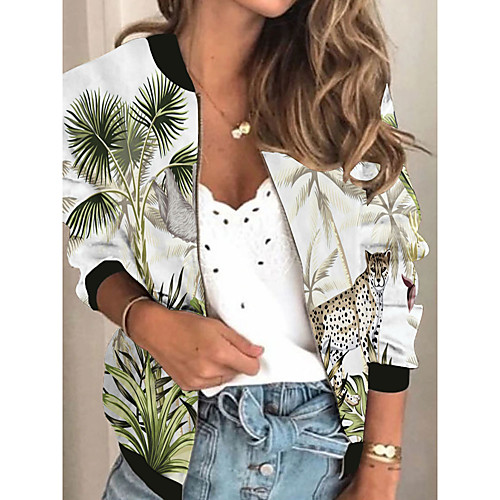 

Women's Jackets Plants Print Sporty Spring & Fall Jacket Regular Daily Long Sleeve Air Layer Fabric Coat Tops White