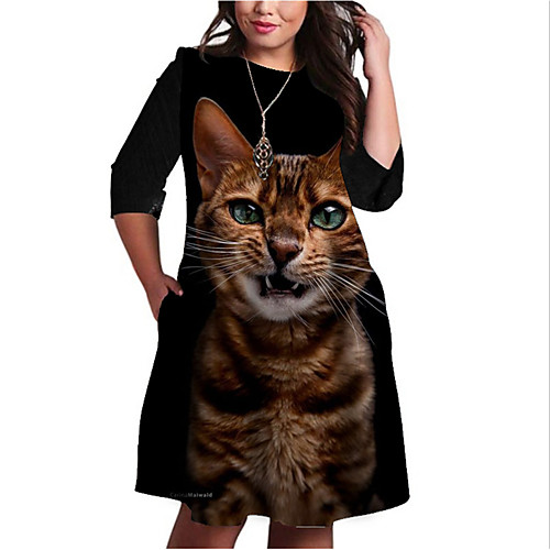 

Women's Plus Size Dresses Shift Dress Knee Length Dress 3/4 Length Sleeve Cat Graphic Print Basic Fall Black XL XXL 3XL 4XL 5XL / Holiday