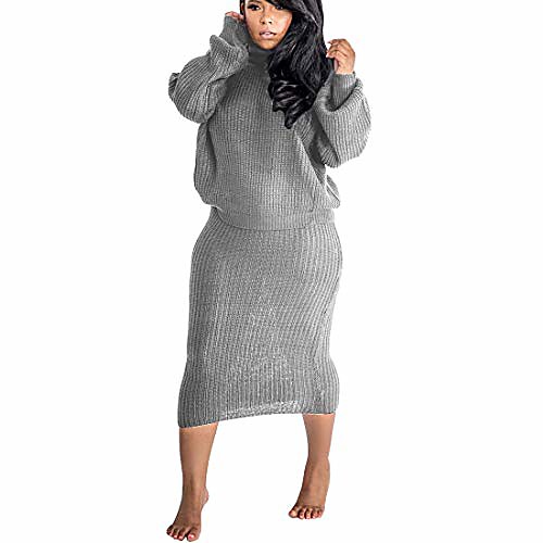 

winter dresses for women two piece sweater crop top puff sleeve bodycon knit dress midi skirt set grey#1 m