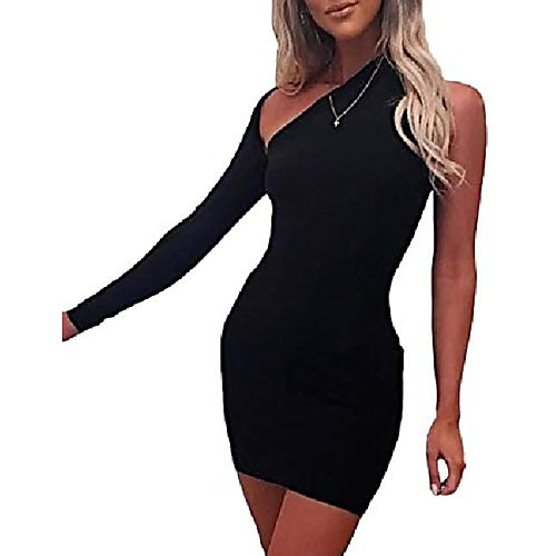 

xxxiticat women's one shoulder formal dresses long sleeve bodycon asymmetric ruched split pleated hollow out mini dress(bbl,xl)
