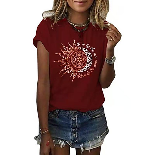 

live by the sun love by the moon graphic t-shirts women sun and moon printed short sleeve casual tee tops (s, red)