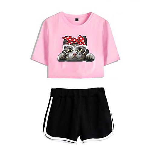 

Women's Basic Streetwear Cat Vacation Casual / Daily Two Piece Set Crop Top Tracksuit T shirt Loungewear Shorts Print Tops