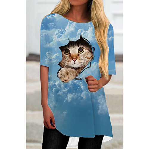 

Women's T Shirt Dress Tee Dress Short Mini Dress Blue Half Sleeve Cat Animal Print Spring Summer Round Neck Casual 2021 S M L XL XXL 3XL