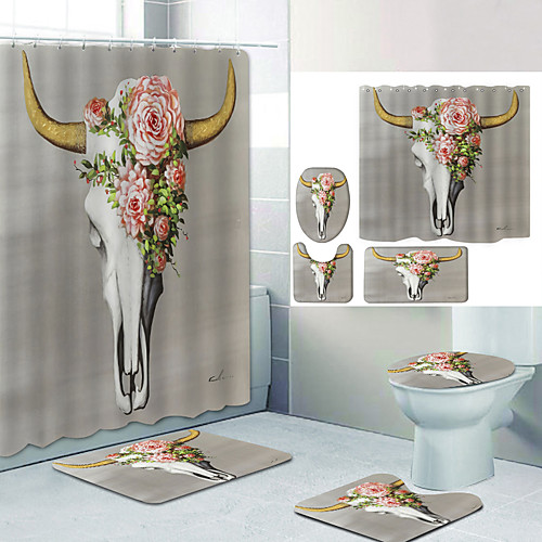 

Pink Flower Head Digital Printing Four-piece Set Shower Curtains and Hooks Modern Polyester Machine Made Waterproof Bathroom