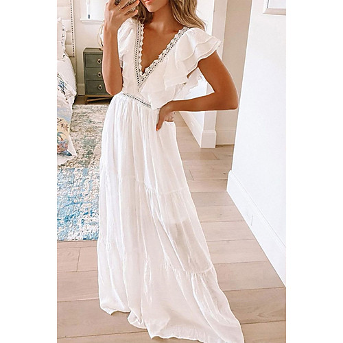 

2021 european and american spring and summer new short-sleeved dress female amazon foreign trade white lace v-neck long skirt