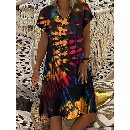 

wish independent station amazon 2021 summer new loose tie-dye printed women's v-neck short-sleeved dress