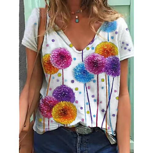 

Women's T shirt Floral V Neck Tops Basic Basic Top White Gray