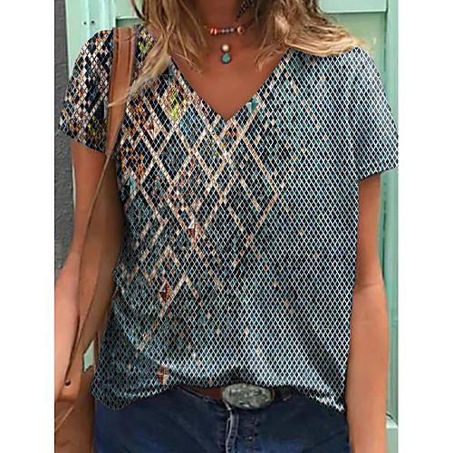 

Women's T shirt Graphic Geometric Print V Neck Tops Basic Basic Top Blue