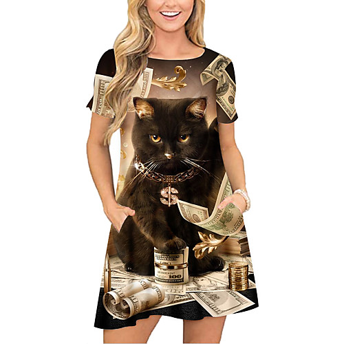 

Women's T Shirt Dress Tee Dress Short Mini Dress Black Short Sleeve Cat Animal Pocket Print Spring Summer Round Neck Casual 2021 S M L XL XXL 3XL