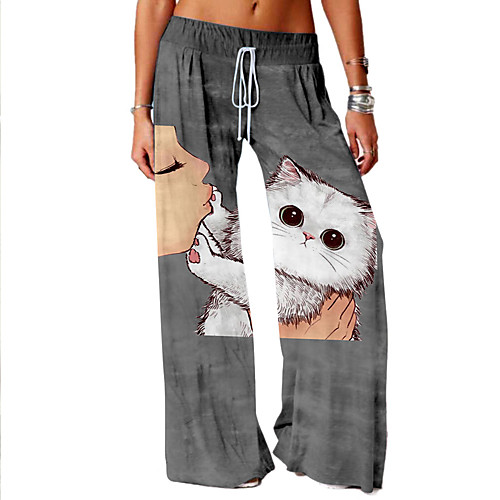 

Women's Basic Soft Comfort Daily Home Chinos Pants Cat Graphic Prints Full Length Elastic Drawstring Design Print Khaki Gray