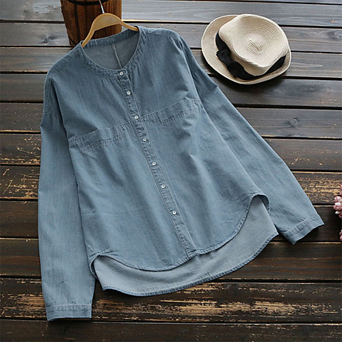 

2021 spring new solid color round neck long-sleeved denim cotton single-breasted cardigan temperament commuter loose shirt