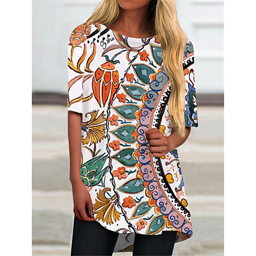 

Women's T Shirt Dress Tee Dress Short Mini Dress White Half Sleeve Floral Color Block Print Spring Summer Round Neck Casual 2021 S M L XL XXL 3XL