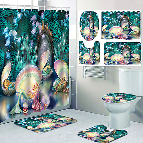 

Four-piece Set of Waterproof Shower Curtain and Hook Cushion for Bathroom Casual Decoration