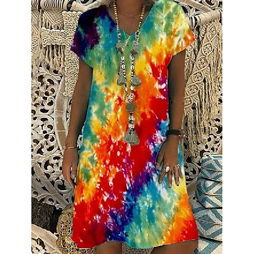 

wish independent station amazon 2021 summer new loose tie-dye printed women's v-neck short-sleeved dress