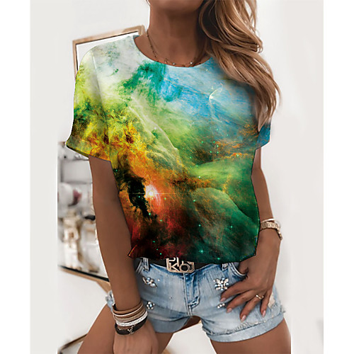 

Women's T shirt Graphic Graffiti Print Round Neck Tops Basic Basic Top Green