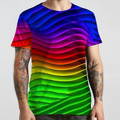 

Men's Unisex Tee T shirt 3D Print Striped Graphic Prints Geometry Plus Size Print Short Sleeve Casual Tops Basic Designer Big and Tall Rainbow