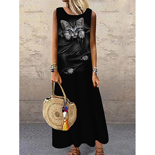 

Women's Shift Dress Maxi long Dress Black Sleeveless Cat Animal Print Spring Summer Round Neck Casual 2021 S M L XL XXL 3XL