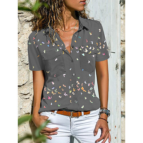 

Women's Blouse Shirt Graphic Butterfly Button Print Shirt Collar Tops Casual Streetwear Basic Top White Blue Dark Gray