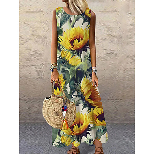 

Women's Shift Dress Maxi long Dress Yellow Sleeveless Floral Print Print Spring Summer Round Neck Casual 2021 S M L XL XXL 3XL