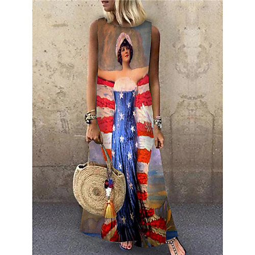 

Women's Shift Dress Maxi long Dress Red Sleeveless Print Flag Print Spring Summer Round Neck Casual 2021 S M L XL XXL 3XL