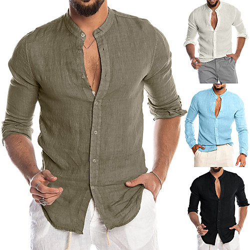 

Men's Shirt Solid Color Long Sleeve Beach Tops Cotton Lightweight Casual Breathable Button Down Collar White Blue Black / Spring / Summer